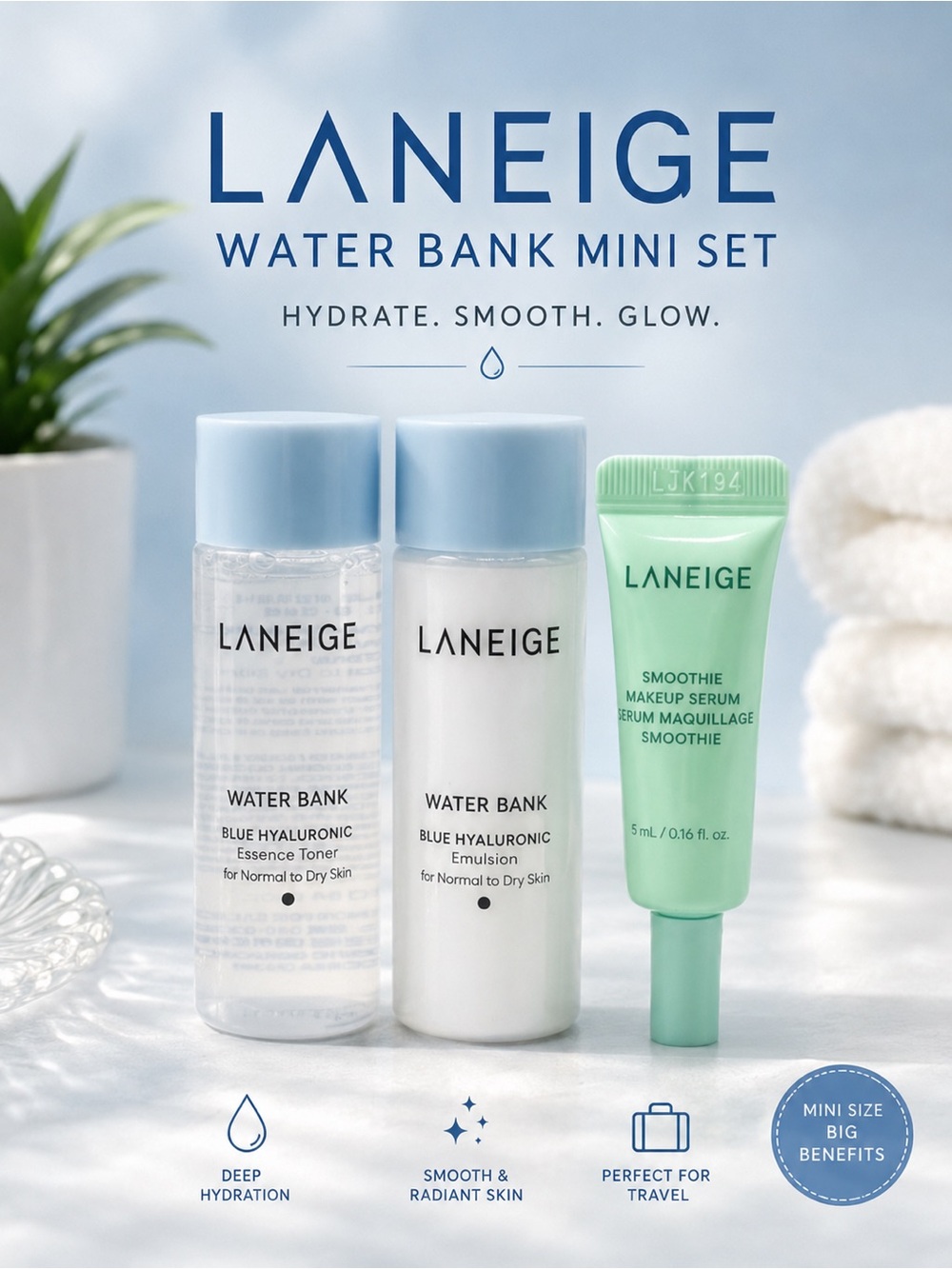 LANEIGE Water Bank Blue Hyaluronic Mini Set + Smoothie Serum NEW